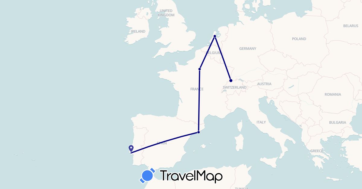 TravelMap itinerary: driving in Switzerland, Spain, France, Netherlands, Portugal (Europe)